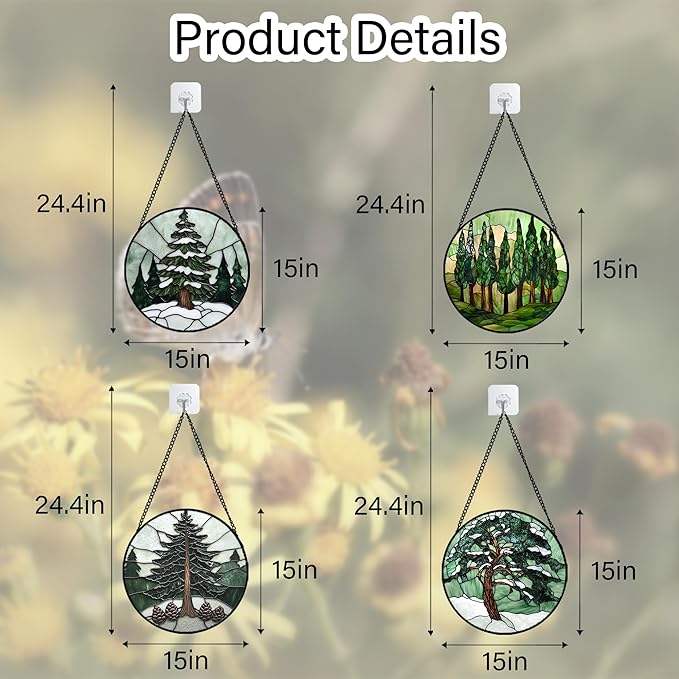 Stained Glass Window Hanging 4 Pcs Set Forest Green Trees Winter Snow Large 15" - Suncatcher Door Garden Sun Catcher Home Decor Birthday Mother's Day for Woman Nana Mom Men