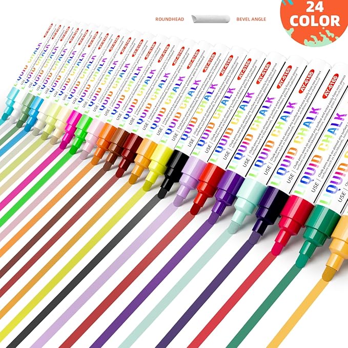 IJIANG 24 Colors Liquid Chalk Markers with 6mm Reversible Bullet & Chisel Tip, Dust Free Chalk Markers for Blackboards Chalkboard Signs Whiteboard Calendar Window Glass