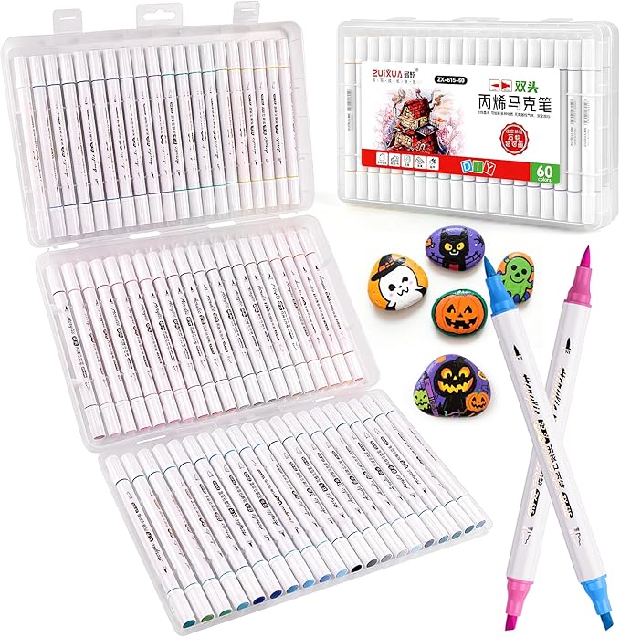 Acrylic Paint Pens Markers, 60 Colors Dual Tip Acrylic Paint Pens, Waterproof Markers for Rock Painting, Wood, Canvas, Stone, Glass, Ceramic Surfaces, DIY Crafts Art Supplies (Round pole 60color)