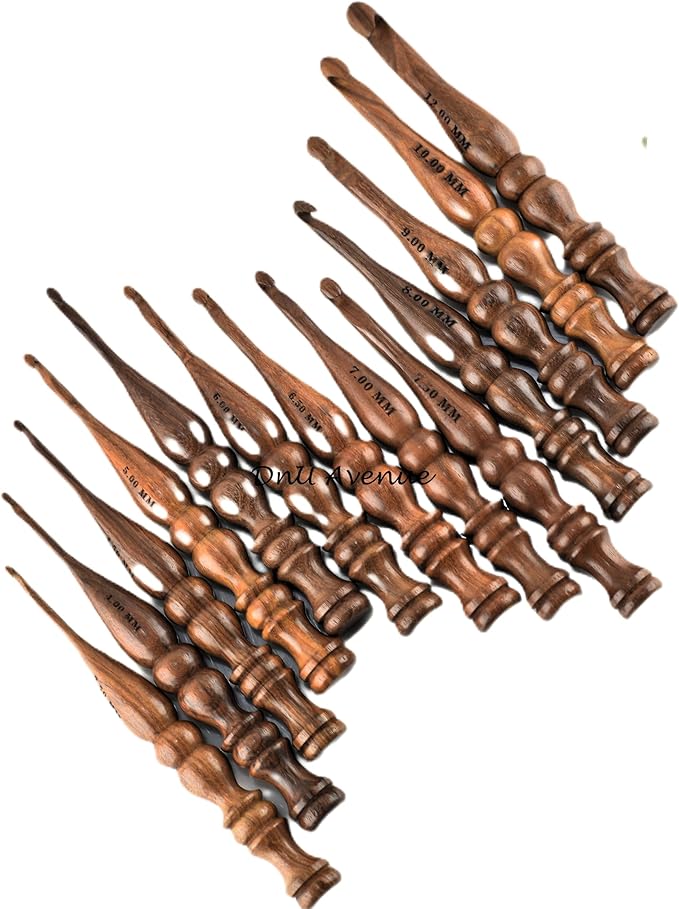 DnU Avenue Sheesham Wood Set of 13 Ergonomic Crochet Hooks 3.5 MM to 12 MM, Wooden Yarn Crochet Hooks for Arthritic Hands, Knitting & Crochet Storage, Soft Grip, Wood Finish, Brown (Only Hooks)