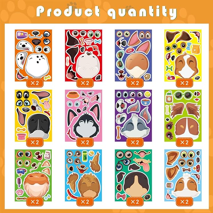 24 Sheets Dogs Make a Face Stickers, Make Your Own Dog Stickers for Kids, Animal Sticker for Birthday Gift Party Favors Supplies Teacher Art Craft, Games School Activity Reward