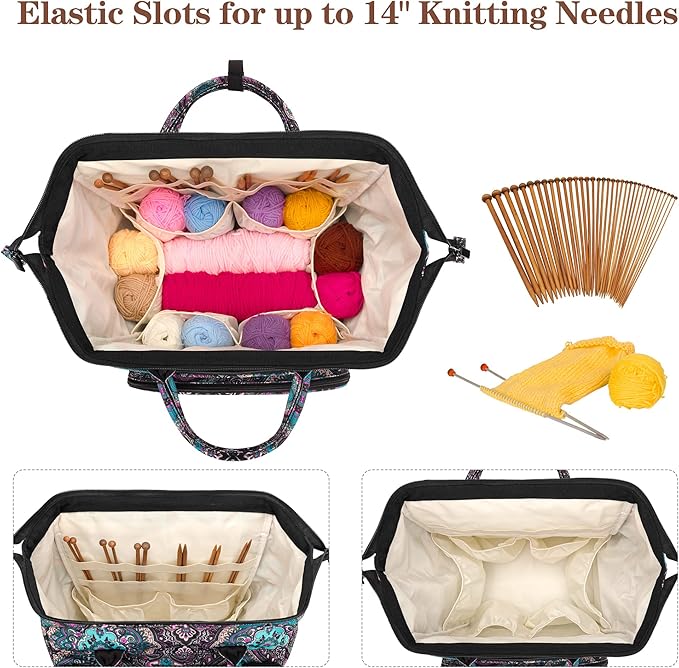 LoDrid Knitting Backpack With Three Oversized Grommets, Travel Yarn Bag With Steel Frame Top, Crochet Organizer for Hooks, Needles, and Other Accessories, Totem