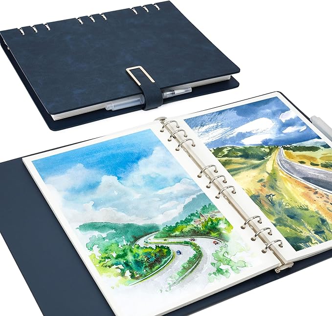 Vienrose 11" x 9" 3 Ring Watercolor Sketchbook, Faux Leather Cover Professional Art Journal with Detachable 24 Sheets 48 Pages, Ideal for Water Coloring, Sketching, Painting, Navy