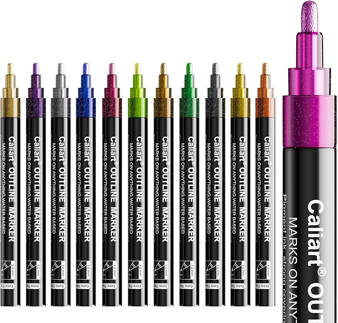 Caliart 12 Colors Outline Markers Shimmer Glitter Pens, Doodling Marker Set for Kids Teen Girls Adults, Birthday Gifts Trendy Stuff, Cool Fun Craft Drawing Art Supplies