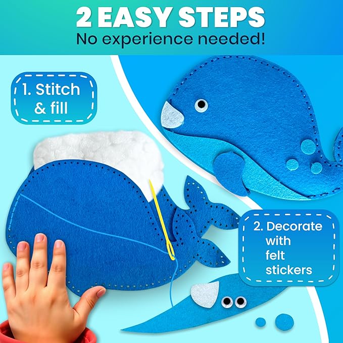 QUOKKA Kids Crafts Ages 4-8, DIY Beginner Needle and Thread Kit - 12 Sea Animals Sewing Kit Basic - Fun Arts Crafts for Kids Ages 6-8 Girls Boys - Plastic Needles, Scissors - 6+ Year Old Girl Gifts