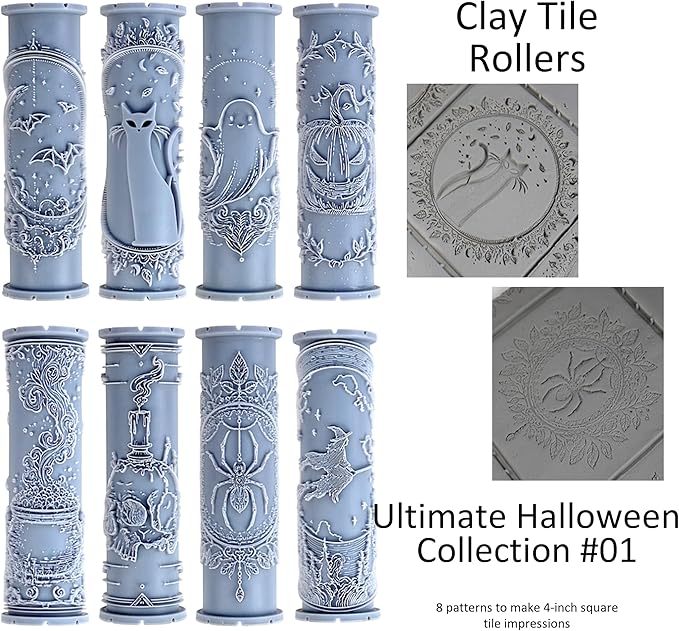 Ultimate Halloween Clay Texture Rollers 8-Set (4") - Halloween Set #01 - Embossing Pattern Rollers for Polymer & Ceramic Clay, Pottery & Crafts