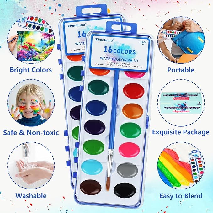 Watercolor Paint Set for Kids - Bulk Pack of 6, 16 Colors Washable Water Color Paints Sets with Paintbrush, Kids Watercolor Paint Set for Coloring, Art, Classrooms and Paint Supplies