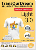 TransOurDream Tru-Heat Transfer Paper for Inkjet & Laserjet Printer (100 Sheets 8.5x11", 3.0) Printable HTV Heat Transfer Vinyl for T Shirts Iron On transfers for Light Fabrics (TRANS-L3-1-100)