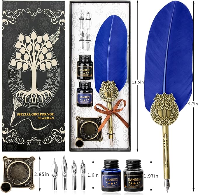 Quill pen ink set,Feather Pen and Ink Set,Antique Calligraphy Pen with 4 Replaceable Nibs,2 Bottle of ink,Feather Dip Pen Holder Christmas Gift for Men&Women.(Blue)