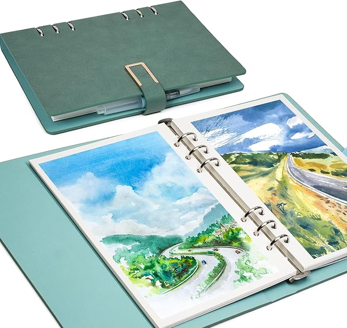 Vienrose 11" x 9" 3 Ring Watercolor Sketchbook, Faux Leather Cover Professional Art Journal with Detachable 24 Sheets 48 Pages, Ideal for Water Coloring, Sketching, Painting, Turquoise