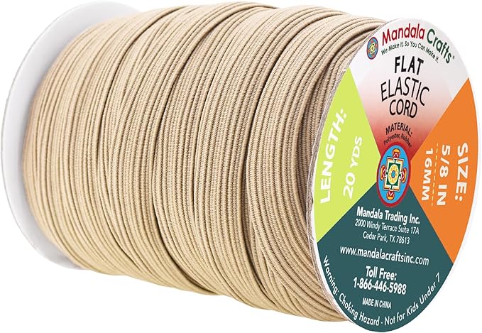 Mandala Crafts 16mm 20 Yds Roll of Khaki Elastic Bands for Sewing - 5/8 Flat Elastics Cord - 5 8 Inch Braided Stretch Straps for Crafting