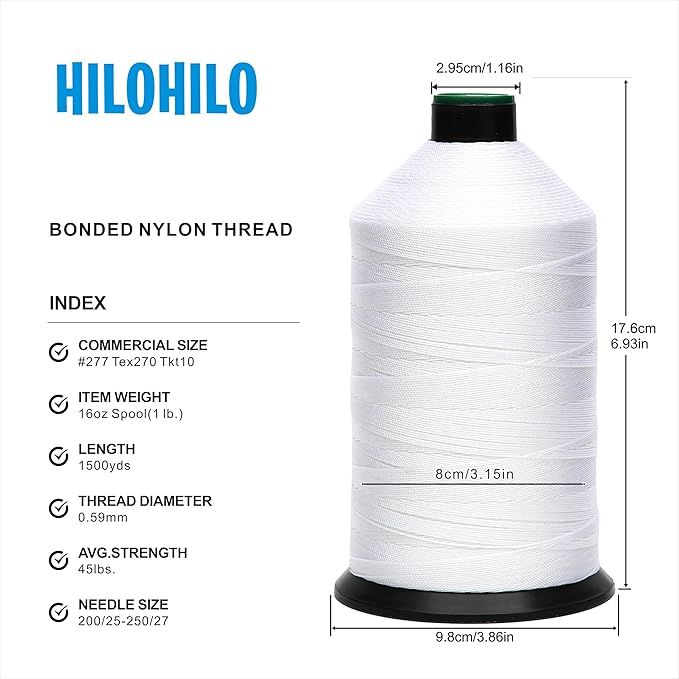 Extra Strong Bonded Nylon Thread #277 Tex270 – 16 OZ, 1500yds, Versatile Stitching Solution for Leather, Upholstery, Canvas Repair and More (White)