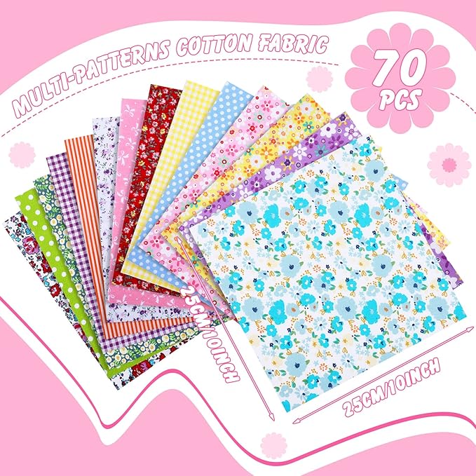 Tudomro 70 Pcs 10 x 10 Inch Cotton Fabric Squares Multicolor Quilting Fabric Bundles Precut Printed Patchwork Materials for Holiday DIY Crafts Cloths Handmade(Elegant Style)