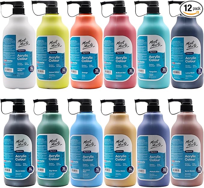 Mont Marte Signature Acrylic Color Paint Set, 33.8oz (1L), Semi-Matte Finish, 12 Colors, Suitable for Canvas, Wood, Fabric, Leather, Cardboard, Paper, MDF and Crafts