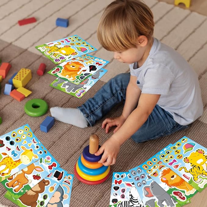 DUJAA Animal Stickers, 24 Sheets, Make-a-Face, Mix & Match, Kids 2-8, Party Favors, Crafts, Goodie Bags