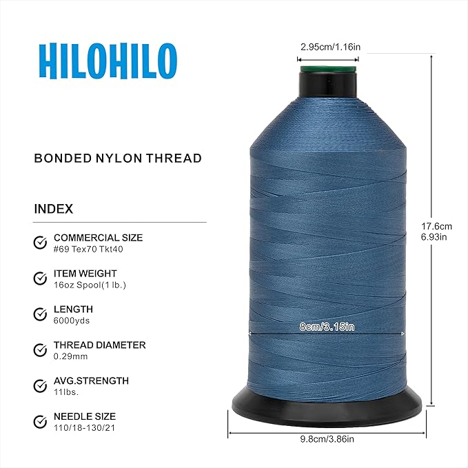 Extra Strong Bonded Nylon Thread #69 Tex70 – 16 OZ, 6000yds, Versatile Stitching Solution for Leather, Upholstery, Canvas Repair and More (Indigo)