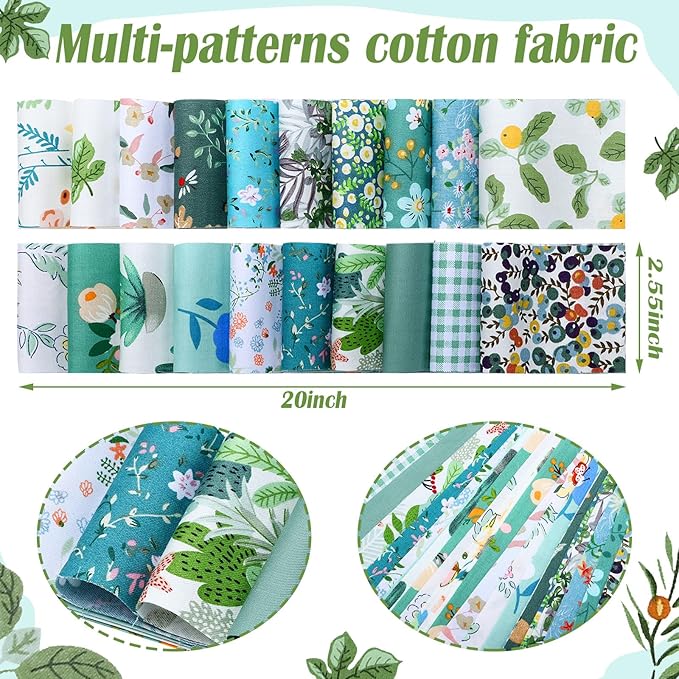 Ganeen 100 Pcs Green Floral Quilting Fabric Roll 2. 56 Inch Fabric Squares Jelly Patchwork Precut Strips Bundles for Holiday Materials Craft DIY Sewing Cloths