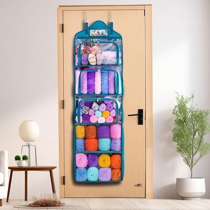 MYBAGZING Hanging Yarn Storage Organizer –Over-The-Door Crochet Organizer with Both Front and Side Zipper Closure -Large Capacity Clear Yarn Holder for Crochet Hooks, Knitting Needles & Accessories