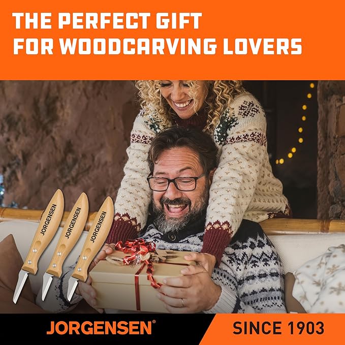 Jorgensen 3-Piece Wood Carving Tools, Stainless Steel Whittling Knife Set with Canvas Pouch, Protective Blade Cover, Ergonomic Curved Handle - Professional Wood Carving Kit for Beginners