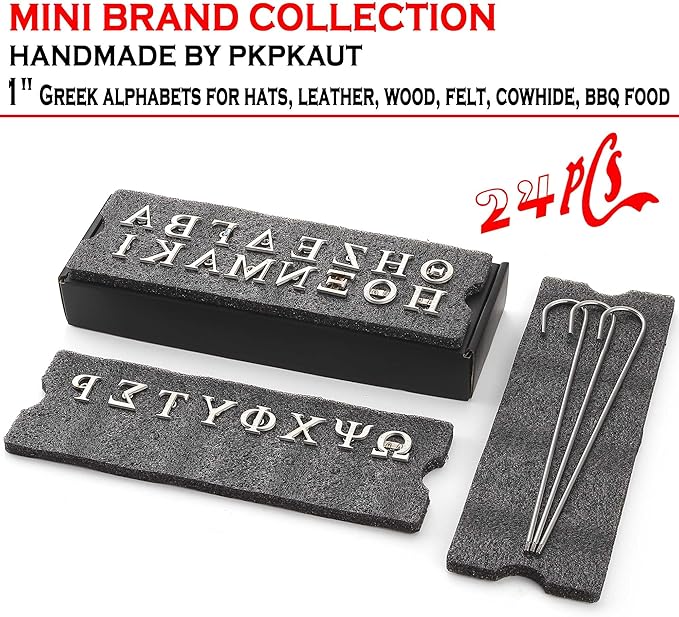 24Pcs Mini 1" Branding Irons, Greek Alphabet Custom Wood Branding Iron Personalized for Wood Working, Leather Hats, Felt, Cowhide, BBQ Brander & Bread Logo, Steak Branding Iron for Food