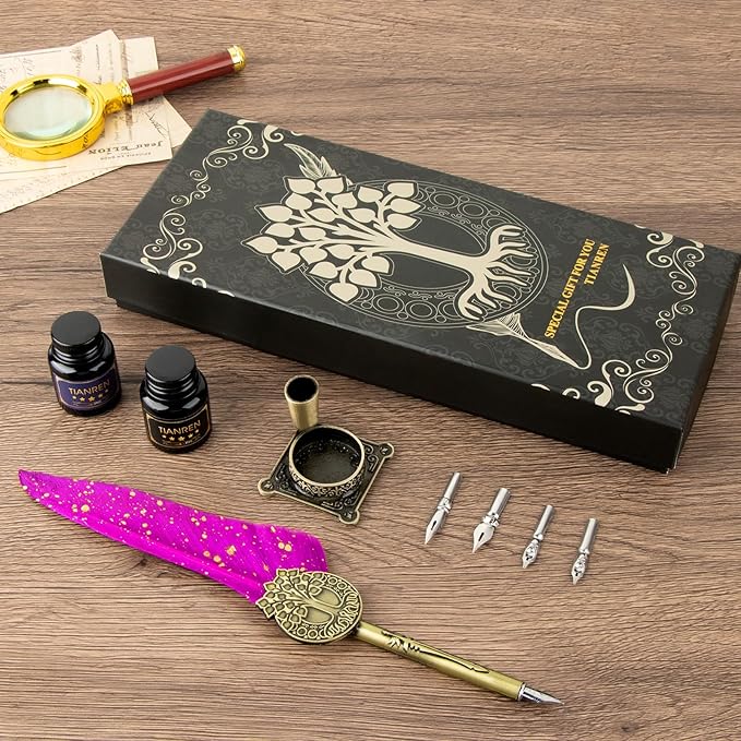 Feather Pen and Ink Set,quill pen ink set,Antique Calligraphy Pen with 4 Replaceable Nibs,2 Bottle of ink,Pen Holder Christmas Gift for Men&Women.(Purple)