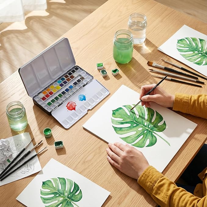 DUGATO Large Empty Watercolor Palette Tin with Lid - Holds 48 Half Pans (63 Included), 5 Fold-Out Mixing Areas - Metal Travel Box for Artists