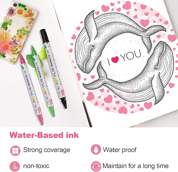 12 Colors Acrylic Paint Pens, Dual Tip Acrylic Paint Markers for Paper, Wood, Canvas, Stone, Rock Painting, Glass, Fabric, DIY, Ceramic, Art Supplies for Adults Drawing (Dot + Fine)