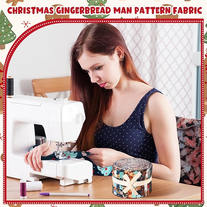 40 Pcs Christmas Gingerbread Man Quilting Fabric Roll 2.56 Inch Precut Fabric Squares Jelly Patchwork Candy Canes Strips Materials for Winter Xmas Holiday Craft Sewing Panels DIY