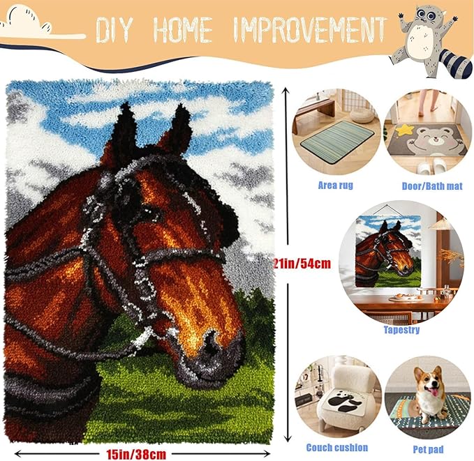 EMISTEM Latch Hook Kits for Adults - DIY Latch Hook Rug Kits, Crochet Kit for Beginners, Rug Making Kits with Printed Canvas, Gift Packaging.(Snow-Capped Mountains and Fine Horse, 20x15)