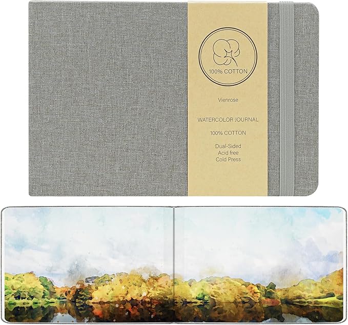 Vienrose 2 Pack Watercolor Sketchbook, 5.5"x3.5" Watercolor Journal with 24 Sheets 140 LB (300 GSM) 100% Cotton Watercolor Paper, Grey Linen Cover Water Coloring Sketch Book