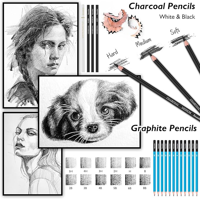 Soucolor Art Supplies, 76 Pack Drawing Set Sketching Kit, Box for Artist Adult : 3-Color Sketchbook, Watercolor Pad, Coloring Book, Charcoal Colored Watercolor Metallic Pencils