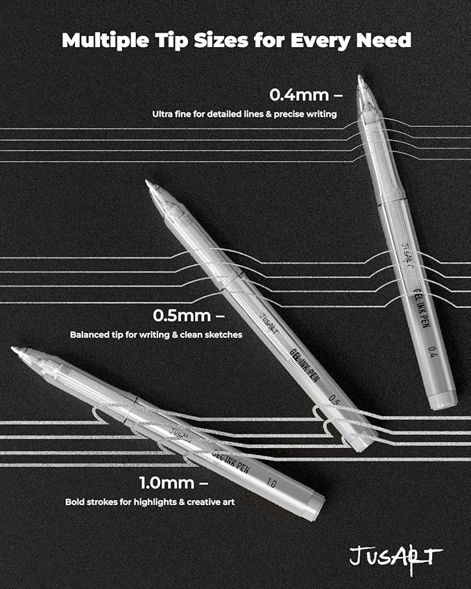 JusArt Silver Pens with 0.4mm, 0.5mm & 1.0mm Assorted Tips, Opaque Ink Gel Pens for Black Paper, Drawing, Journaling & DIY Crafts, Ideal Drawing Pens for Artists & Art Supplies, 3 Pack