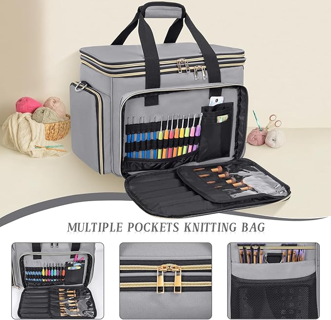 Knitting Bag Yarn Storage Tote, Large Crochet Organizer Bag, Yarn Holder Case for Knitting Needles, Knitting Project Bag with Inner Divider for Crochet Hooks, Knitting Accessories, Grey