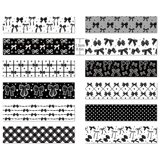 12 Rolls of Black Bow Washi Tape, Black and White Decorative Tape, Masking Tape for Note Taking Supplies, Scrapbooking, DIY Crafts, Gift Wrap Supplies