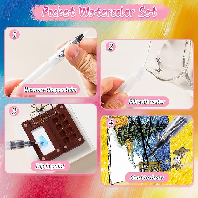 Mini Watercolor Travel Set, 2026 New Portable Pocket Artist Watercolor Paint Set with Picture Book, Wooden Paint Palette for Painters, Artists, and Students (8 Grids with 12 Color Paints)