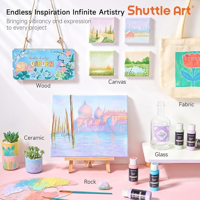 Shuttle Art 40 Pack Pastel Acrylic Paint Set, 30 Colors, 60ml/2oz Bottles, High Viscosity, Water-proof With 10 Paint Brushes for Painting &Crafting on Canvas, Rock, Ceramic, Fabric, Clay