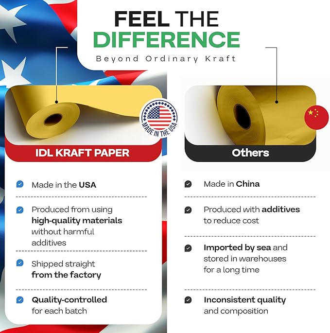 12" x 1200" (100 feet) Yellow Kraft Paper Roll, Pack of 4 - USA-Made Quality Craft Paper for Gift Wrapping, Kids Arts & Crafts, School Projects - 100% Recycled Natural, 50lb Thickness by IDL Packaging