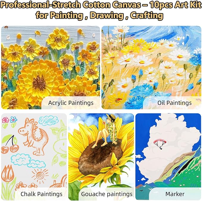 10-Pack 12x16” Stretched Canvas – 100% Cotton with Natural Cottonseed Husk, 5/8” Deep Frame, Triple Primed Acid-Free White Canvas, No Bleed-Through, Warp-Resistant– Ready for Acrylics, Oils, Gouache