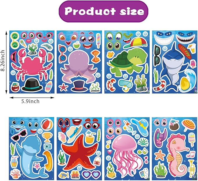 24 Sheets Ocean Stickers for Kids, Make Your Own Sea Animal Mix and Match Sticker Sheets, Make a Face Stickers for Kids Activities Supplies Crafts