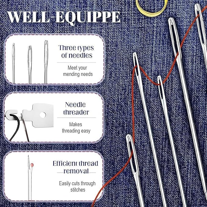 Sewing Kit with 36 Pcs Big Eye Needles, Includes Stainless Steel Hand Sewing Needles, Thread Ripper, Threaders, Thread Spools & Thimbles, Complete Supplies for Beginners & Experts