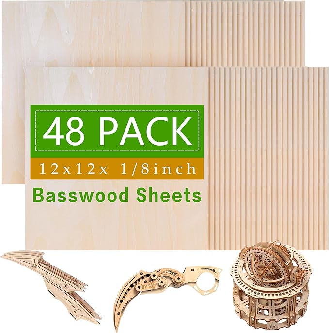 48 Pack Basswood Sheets,12 x 12 x 1/8 Inch,3mm Basswood Plywood Sheets with Smooth Surfaces, Unfinished Wood for Laser Cutting, Wood Burning,Drawing, Architectural Models and DIY Wood Crafts(48)
