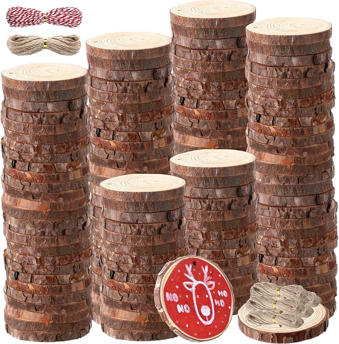 Tioncy 150 Pcs Wood Slices 3"-3.5" Unfinished Wood Rounds with Pre-drilled Hole and 9 Roll Twine String Natural Wooden Circles Hanging Ornaments Craft for Home Decor Painting DIY Party