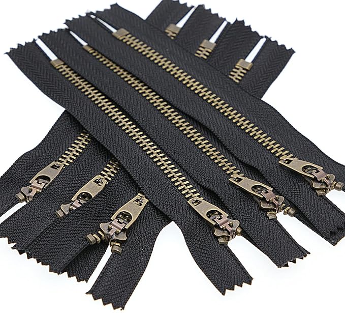 4# Metal Zipper for Jeans Antique Brass Y-Teeth Zipper 6 inch Close End Jeans Zippers 6pcs,(Black-Brass)