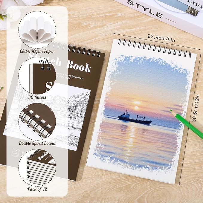 12 Pack Sketch Book, 9 x 12 Inch Sketchbook, 68lb/100gsm Top Spiral Bound Sketch Pad, Acid Free Art Supplies Drawing Painting Sketching Paper for Kids, Adults, Beginners, Artists (Tan)
