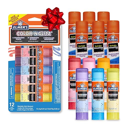 Elmer’s Color 'n Glitz Glue Sticks, Washable, Assorted Colors, Includes Disappearing Purple, 6 Grams 12 Count - Stocking Stuffer, Vision Board, #1 Teacher Brand