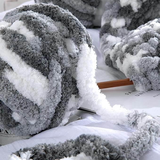 HOMBYS 8 Pack Giant Chunky Yarn for Crocheting and Hand Knitting/Arm Knitting - Super Bulky Large Soft Fluffy Tie Dye Plush Fuzzy Mixed Color Thick Chenille Yarn (Dark Grey, Grey, White)