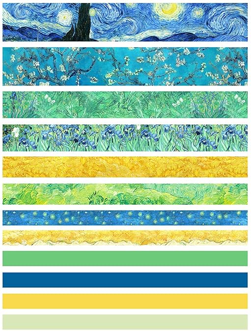 Washi Tape Set of 12 Rolls,Van Gogh Starry Night Decorative Green Leaves Floral Blue Yellow Washi Masking Tape Sets for Craft,Kids,Scrapbook,DIY,Gift Wrapping(Yellow)