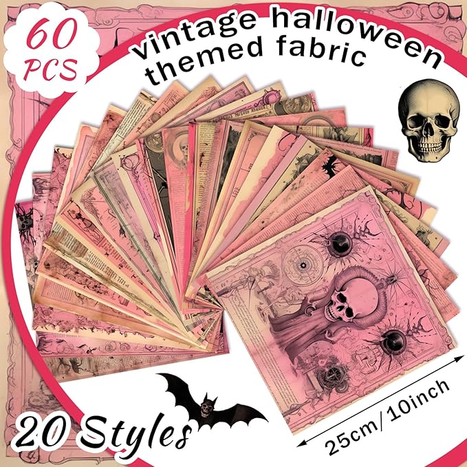 Ganeen 60 Pcs 10 x 10 Inch Pink Gothic Halloween Quilting Fabric Squares Vintage Pink Ghost Fat Patchwork Precut Strips Retro Bat Skull Fabric Bundles for DIY Craft Sewing Quilt Material Handmade