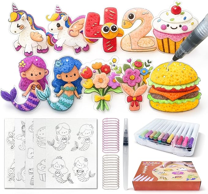 Dibetoy 77Pcs Magic Foam Texture Painting Kit for Kids - DIY Art Drawing with Puffy Paint, Includes Pre-Cut Foam Craft Patterns & 24 Colors Acrylic Paint Markers