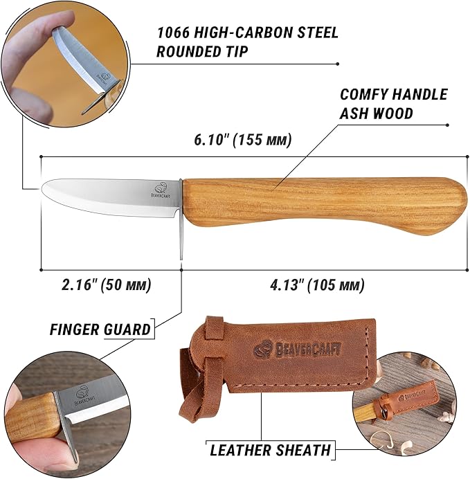 BeaverCraft Whittling Knife for Kids, Beginners - Safety Wood Carving Knife C1 Kid - Whittling Knives with Rounded Tip for Children, Entry-Level Carvers - Wood Carving Tools for Beginners, Boy Scout